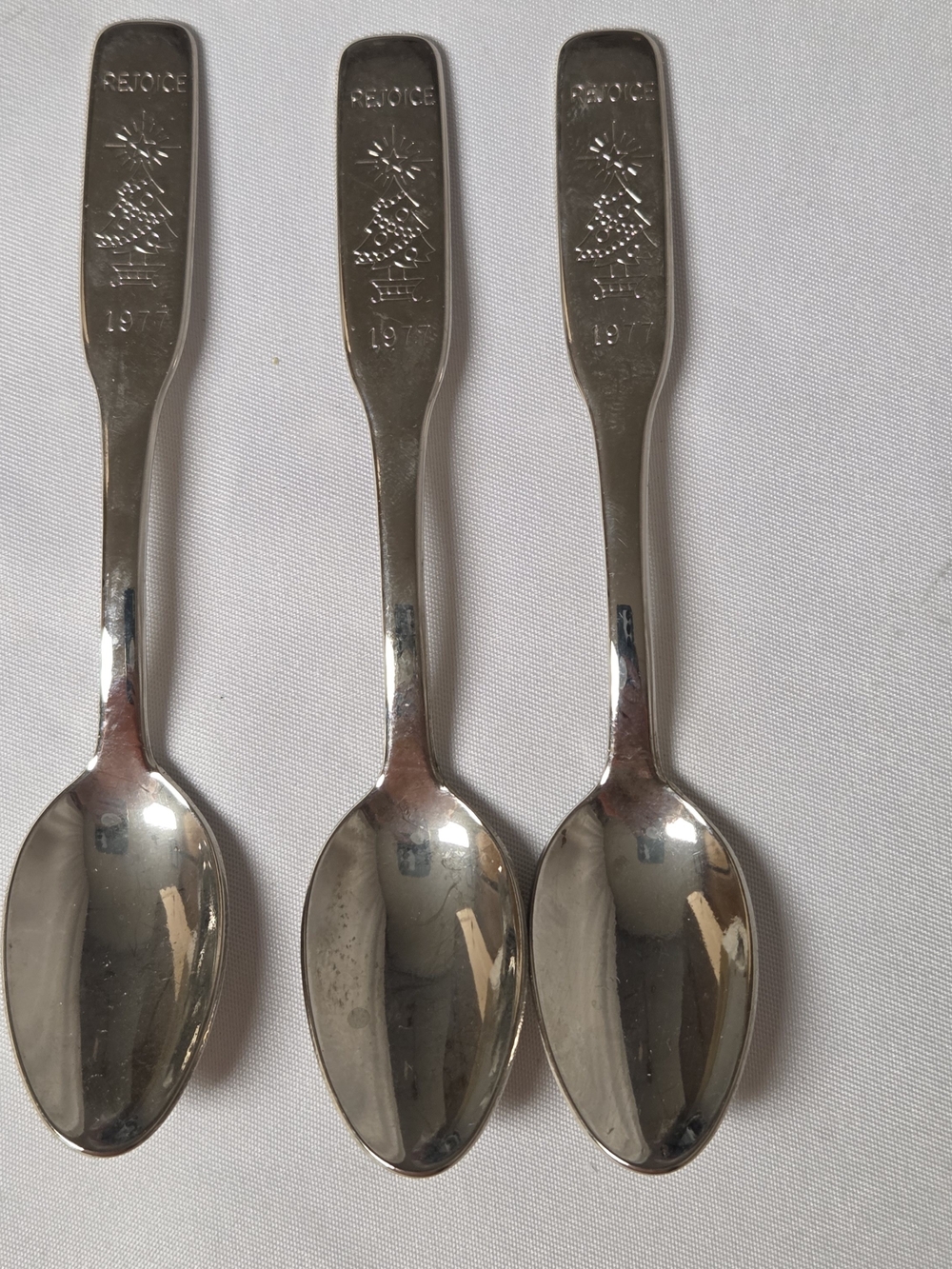 Set of 3 Vintage Silver-tone 'Rejoice' Engraved Spoons
